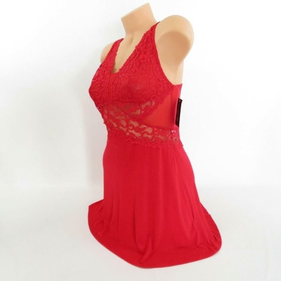 INC Women's Gown Red M Soft Knit Chemise Nightgown Lace Detail V-Neck Sleepwear - Picture 9 of 12